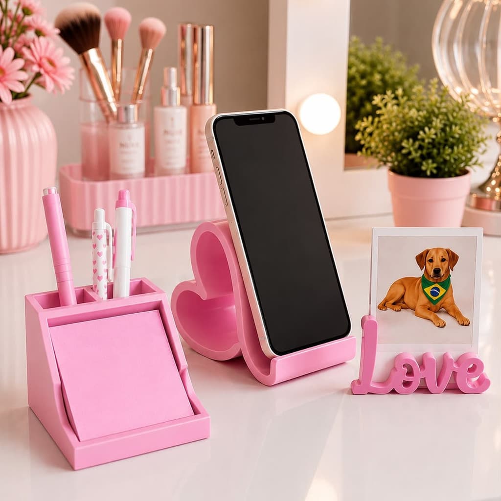 Kit Organizador de Mesa Escritório 3 Peças Porta Caneta Suporte Celular Porta Post it Home Office e Penteadeira