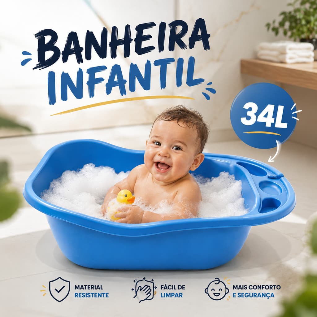 Banheira Infantil 34 Litros Grande para Bebê e Criança com Porta Objetos e Suporte para Shampoo
