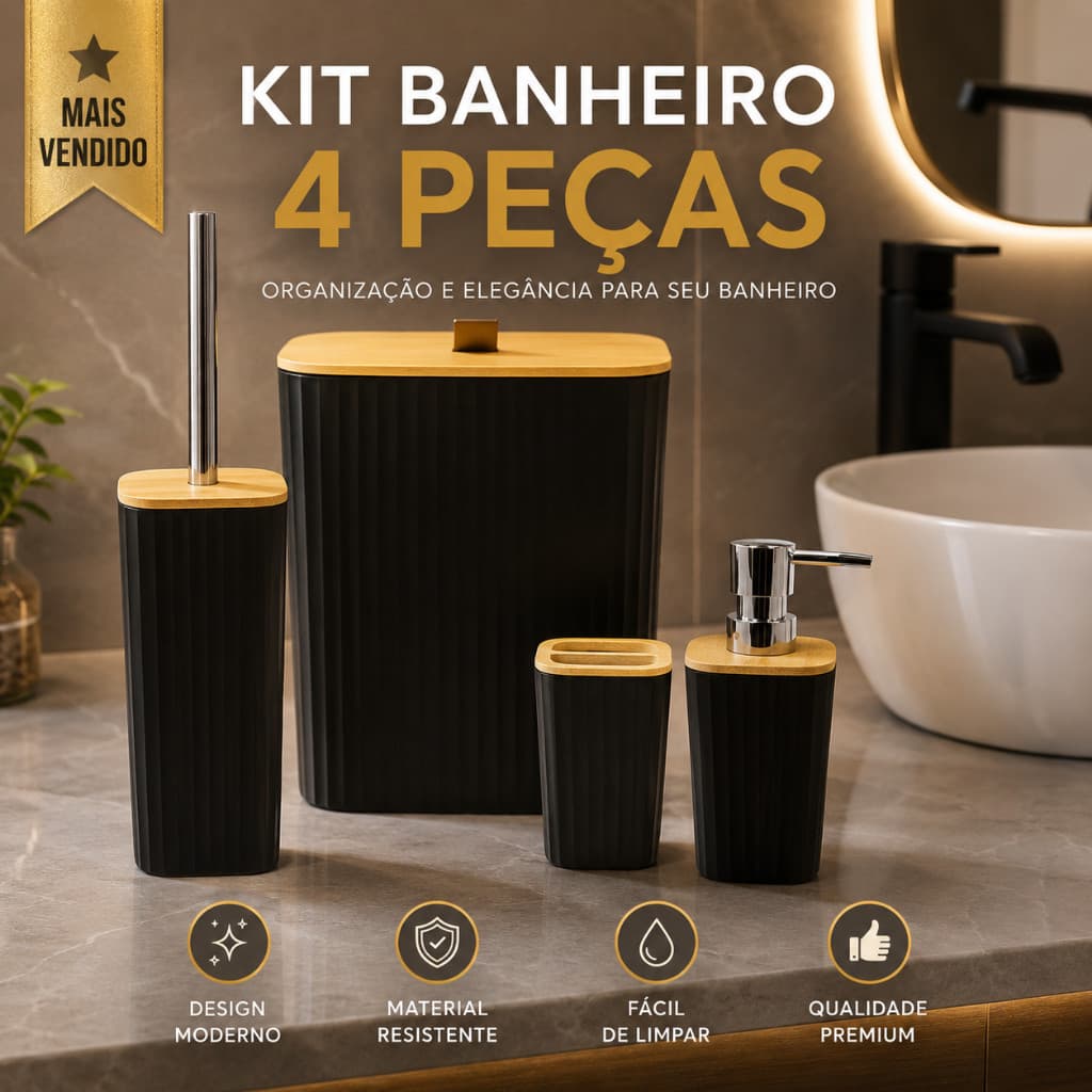 Kit Banheiro 4 Peças Bambu Dispenser Porta Escova Copo Bandeja Lavabo Moderno Completo