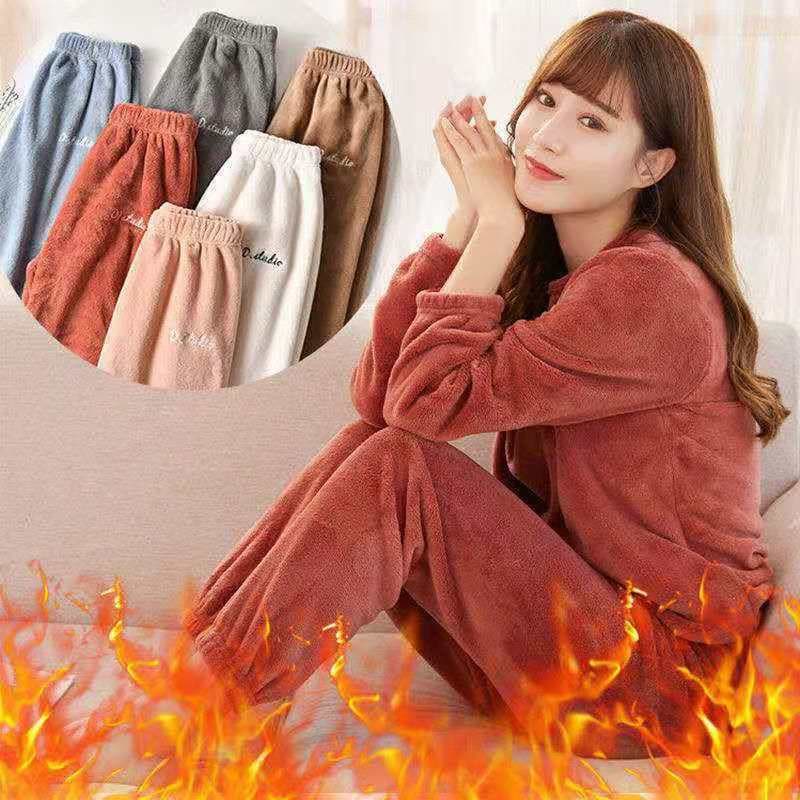 [Em Estoque] Conjunto de Pijama Feminino de Inverno, Calças Quentes de Fleece Coral, Pijama de Inverno roupa quente