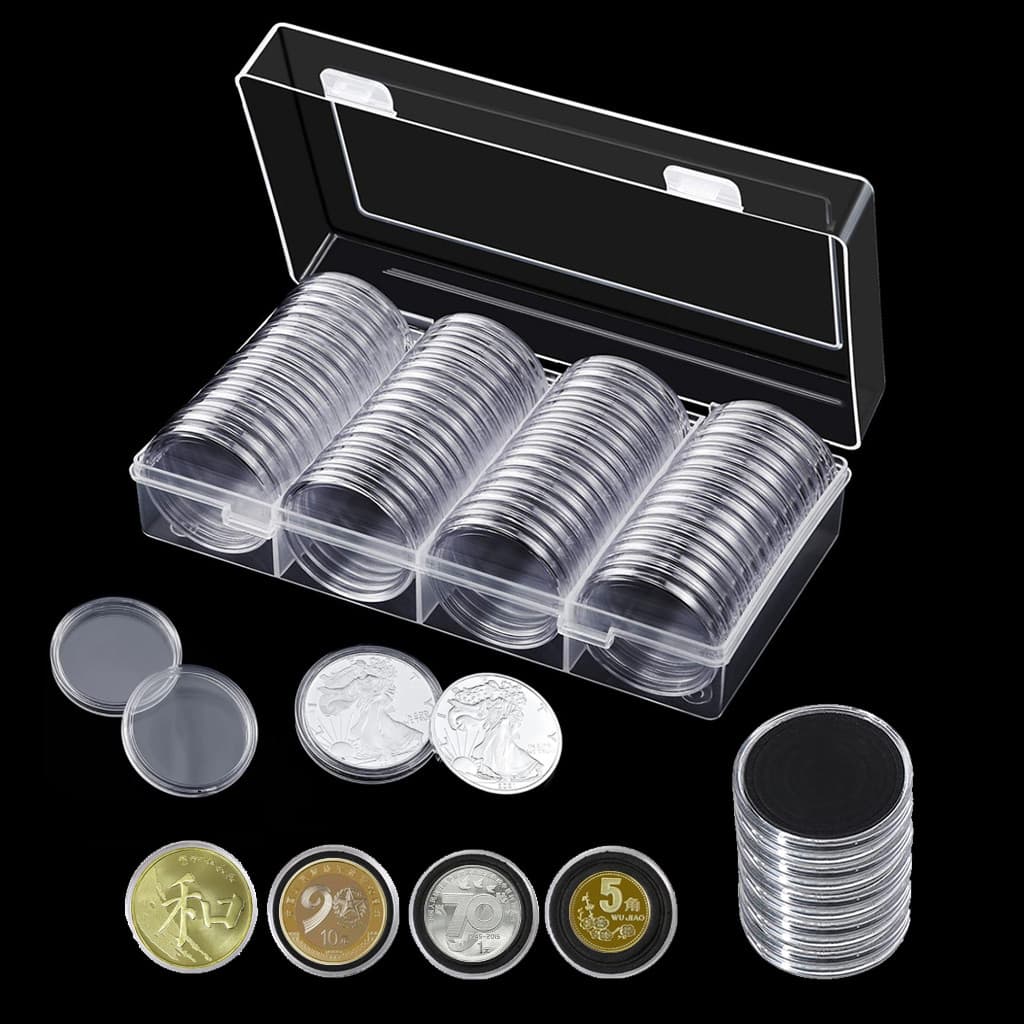 Conjunto De Suporte Para Coleção De Moedas , 60 Peças , Cápsulas Transparentes Com Juntas Pretas E Caixa De Armazenament
