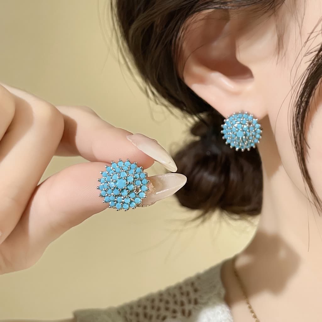 Turquesa cheio de diamante brincos redondos feminino luz luxo requintado azul Flash diamante brincos todos os dias All-M