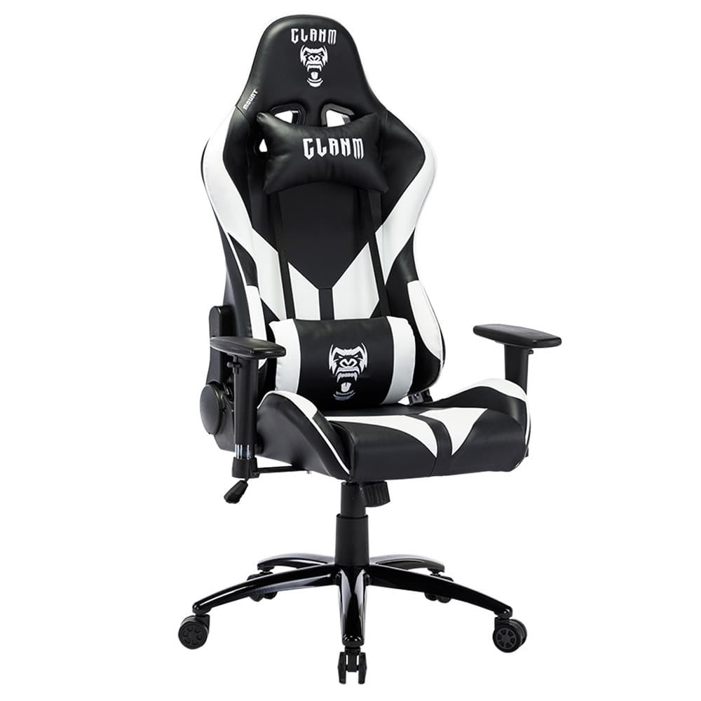 Cadeira Gamer CLANM CM081 Preta e Branca Couro Sintético PU Pistão a Gás Classe 3 Reclinável 5 Rodízios até 120kg