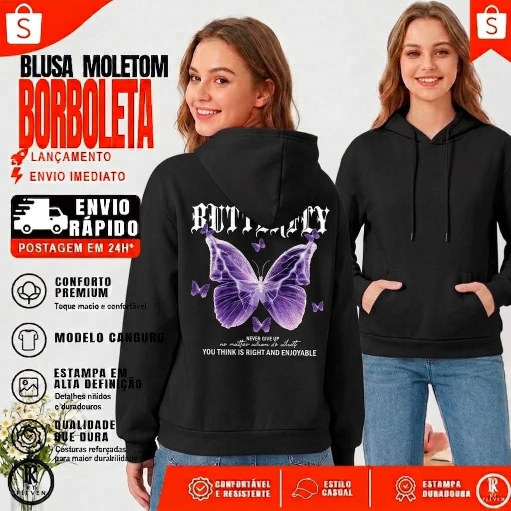 Moletom borboleta roxa casaco feminino com bolso e capuz casual hoodie outono casaco feminino streetwear