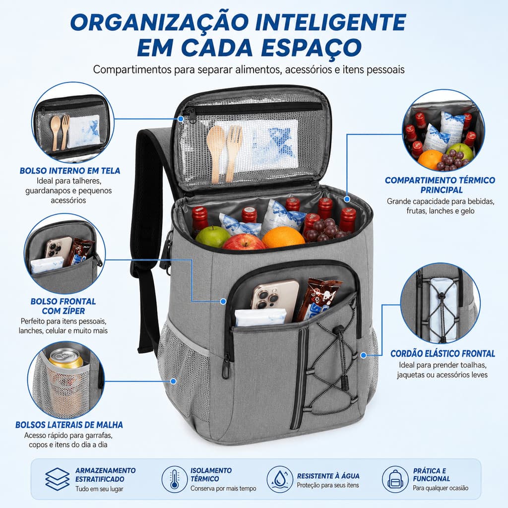 Mochila Térmica para Praia 22L Impermeável Cooler Bolsa para Bebidas Geladas e Lanches