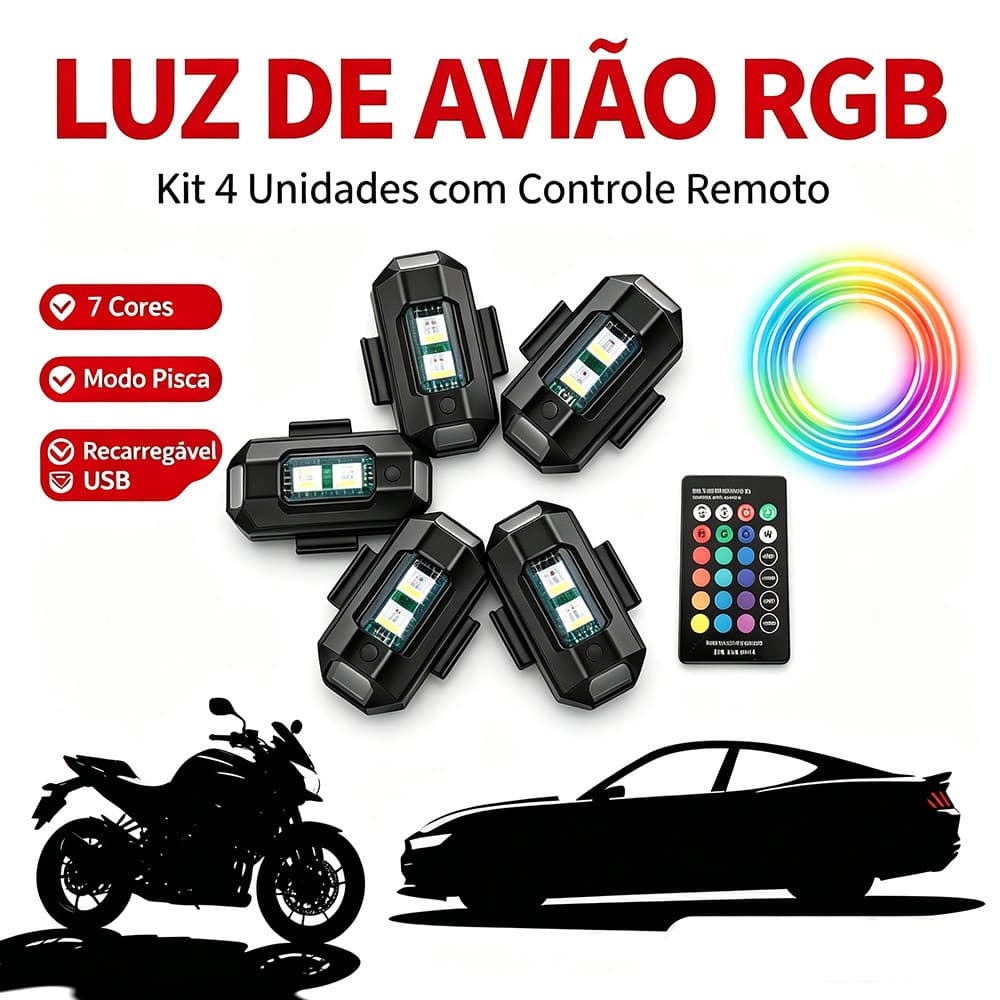 Kit 4 Luz De Avião Estroboscópica RGB 7 Cores Com Controle Remoto Recarregável USB Para Moto E Carro