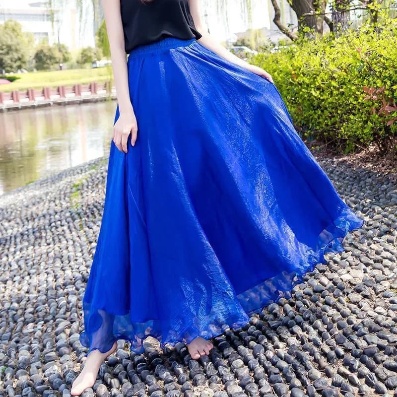[WDF] Puro Azul Azure Senhoras Novo Estilo Boêmio Férias à beira-mar Fada Saia Longa Saia Chiffon