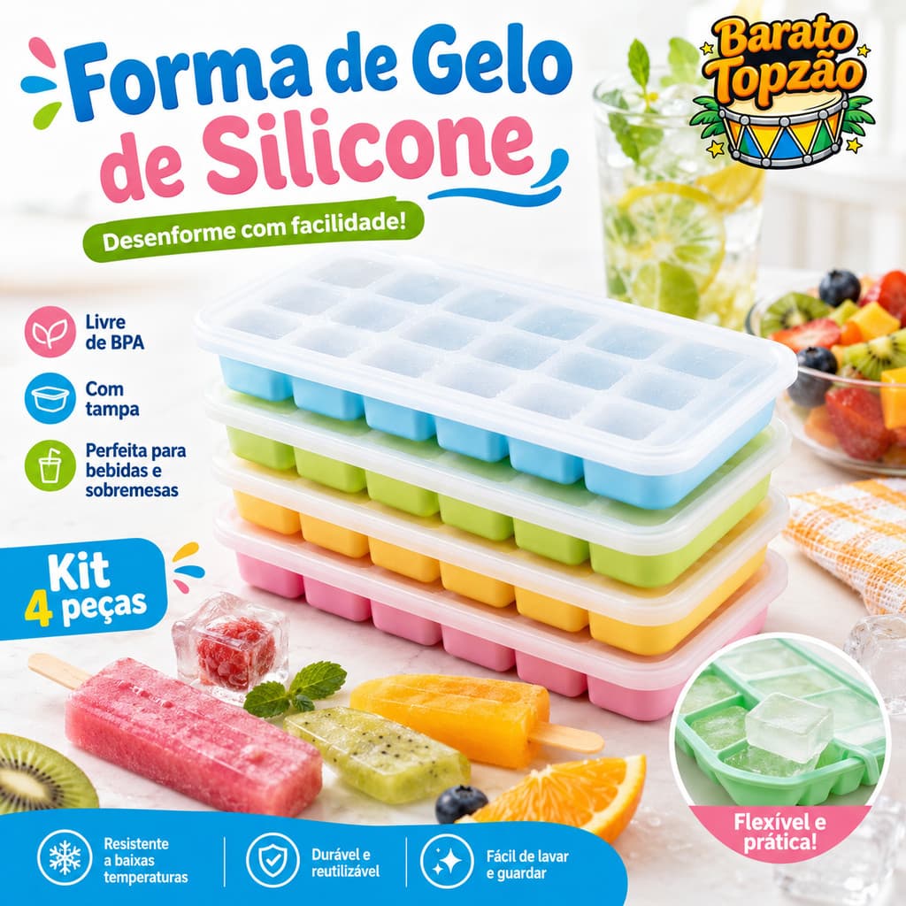 Forma de Gelo Silicone com Tampa Flexivel Facil Desenformar Livre BPA Picole Drinks Papinha Bebe - Envio Imediato