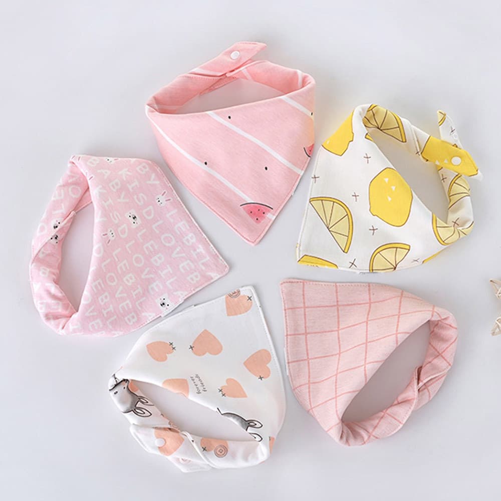 Conjunto de 5 Peças de Babadores de Algodão Triangulares para Bebês com Estampa de Desenhos Animados, Toalha de Saliva E