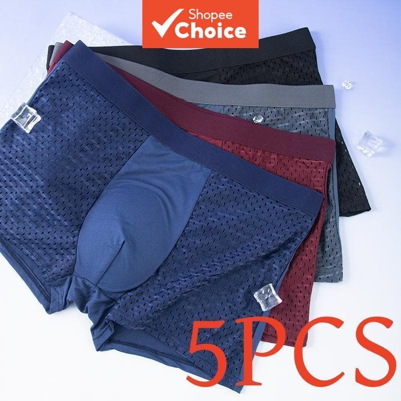 5 Unidades de Cuecas Boxer de Seda Gelada Premium – Respiráveis, Secagem Rápida, Tecido em Malha, Design de Baixa
