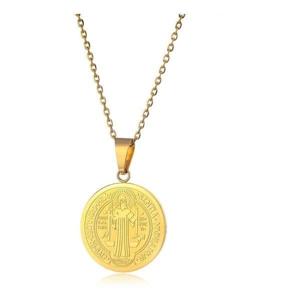 Colar Feminino E Pingente Medalha São Bento Aço Banhado Ouro REF:02DM