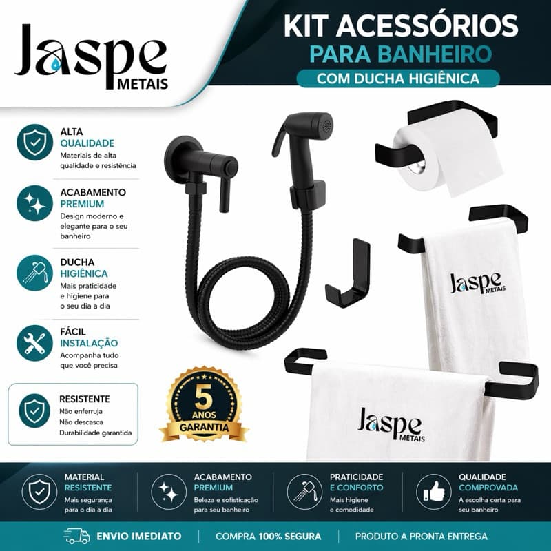 Kit Quadrado Preto 4 Peças  Luxo + Ducha Higiênica Abs Preto Luxo Acessórios WC