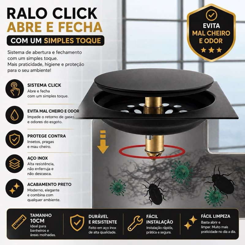 Ralo Preto Click 9,5cm Abre e Fecha  Aço Inox Anti Odor e Anti Insetos