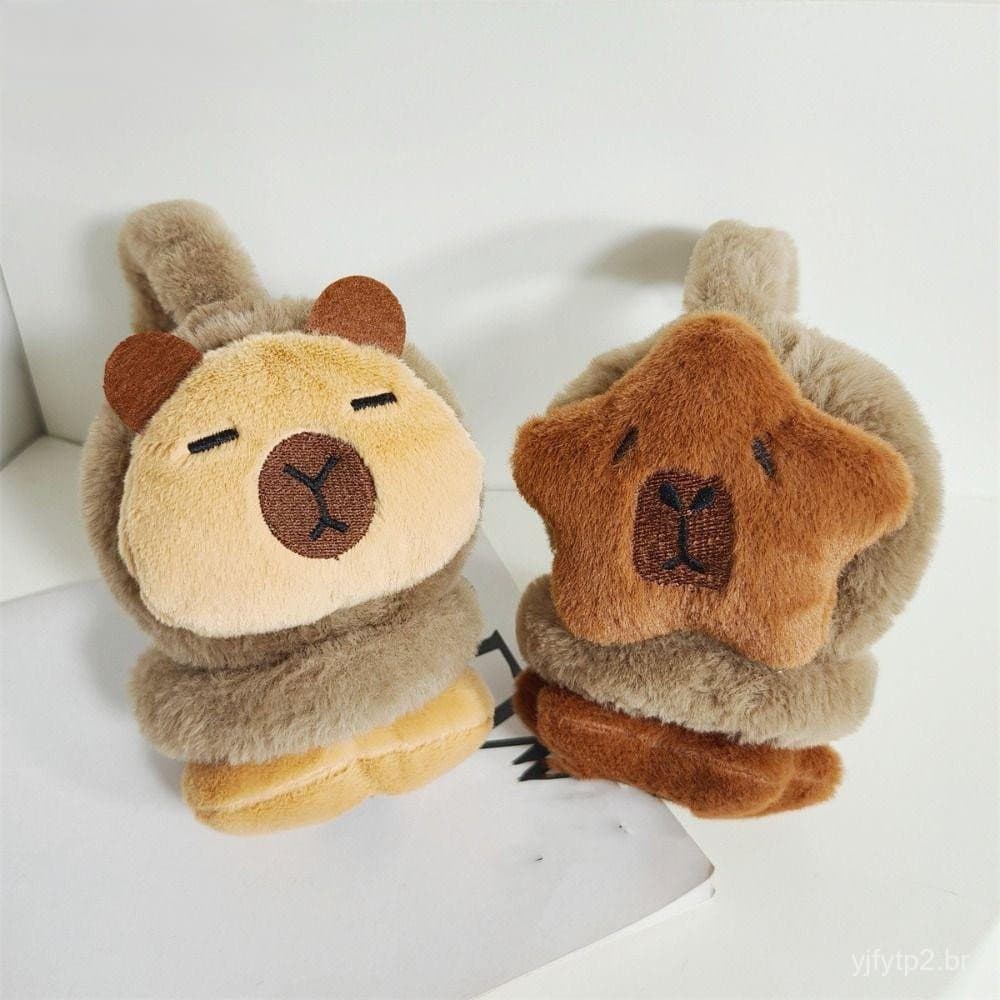 Protetores de orelha de capivara, pelúcia grossa de inverno, desenho animado fofo, à prova de vento.