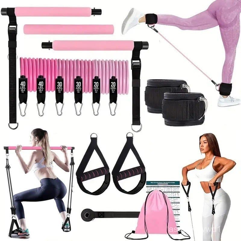 Kit de Barra de Pilates Multifuncional com Faixa Elástica Esportiva - Equipamento de Treino em Casa Ajustável para Along
