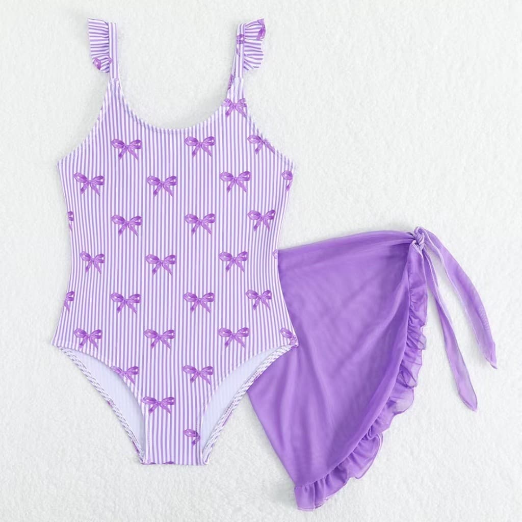 Conjunto De Roupa De Banho De Verão Para Meninas , Laço Roxo E Estampa Listrada , Maiô De Uma Peça Com Saia Babados , Du