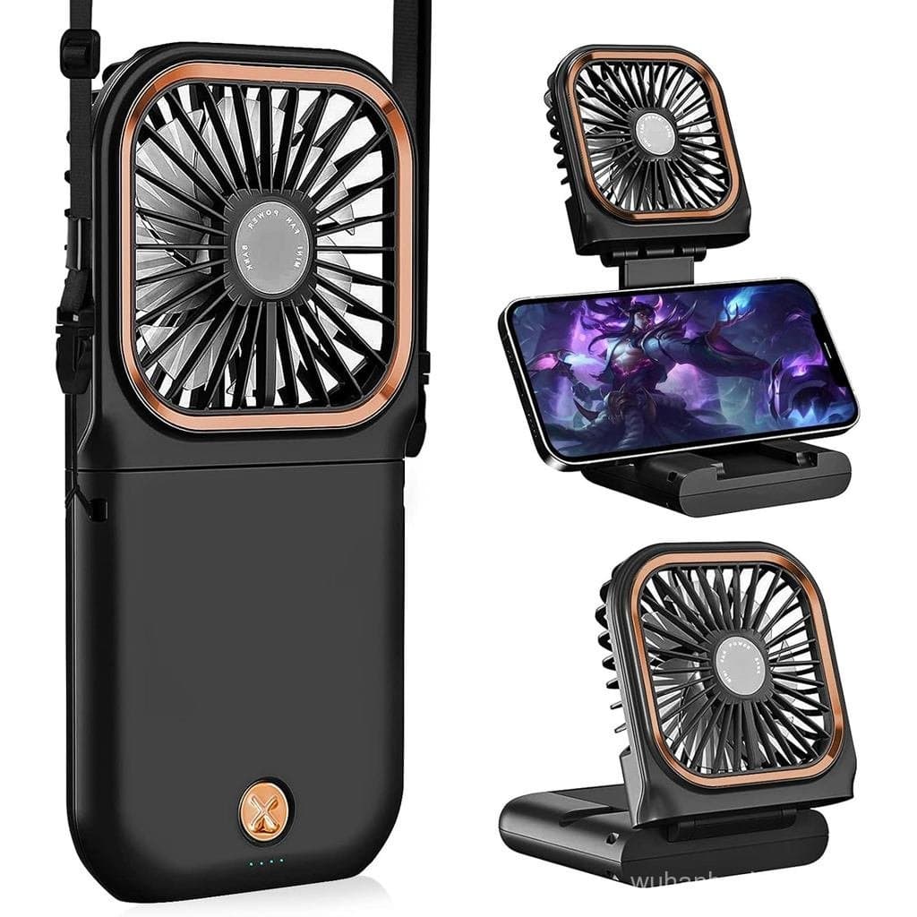 Ventilador Portátil de Mão com Suporte para Telefone, Ventilador de Pescoço Recarregável com Bateria de 3000mAh e Saída