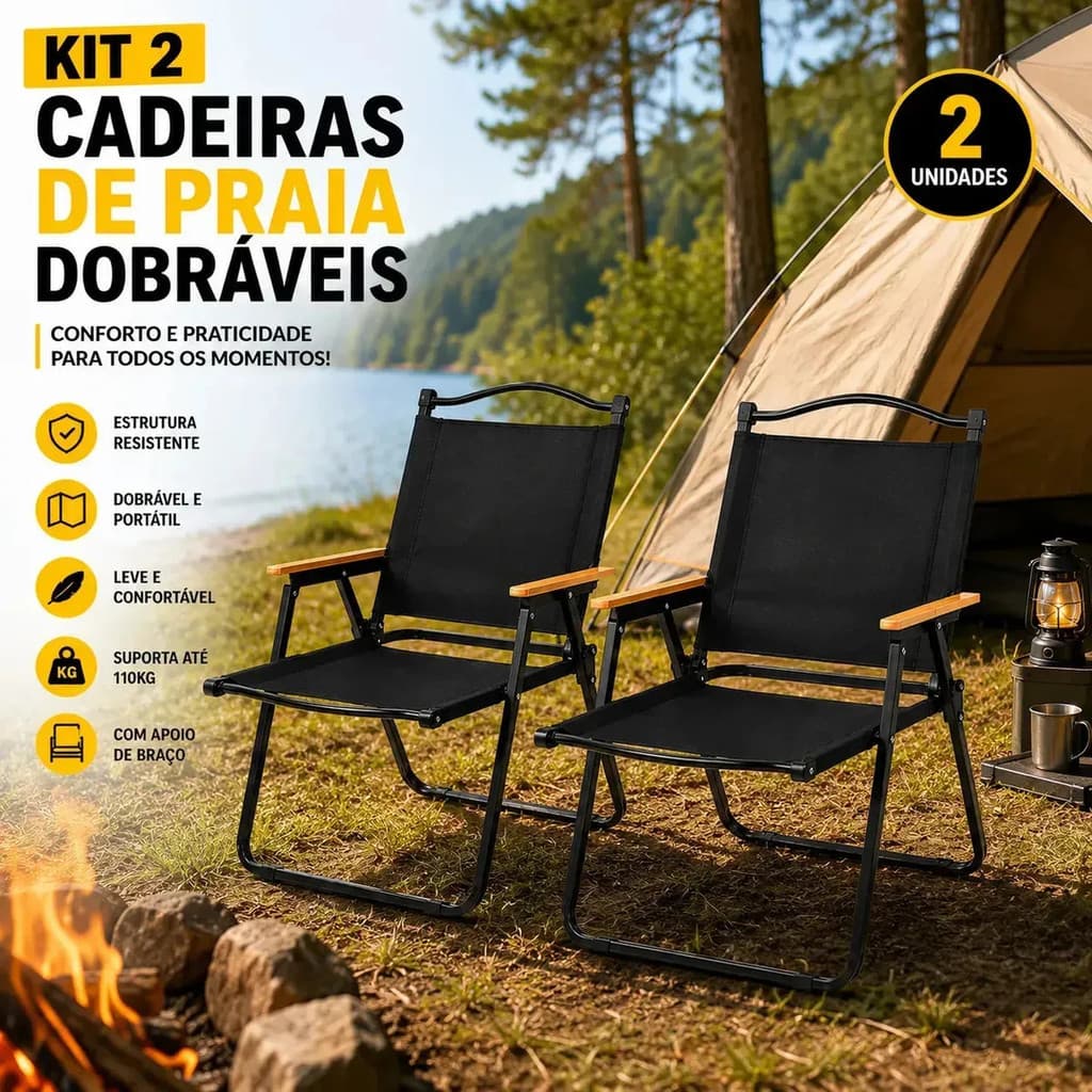 Kit 2 Cadeira Praia Aço Reforçado Dobrável Piscina Camping