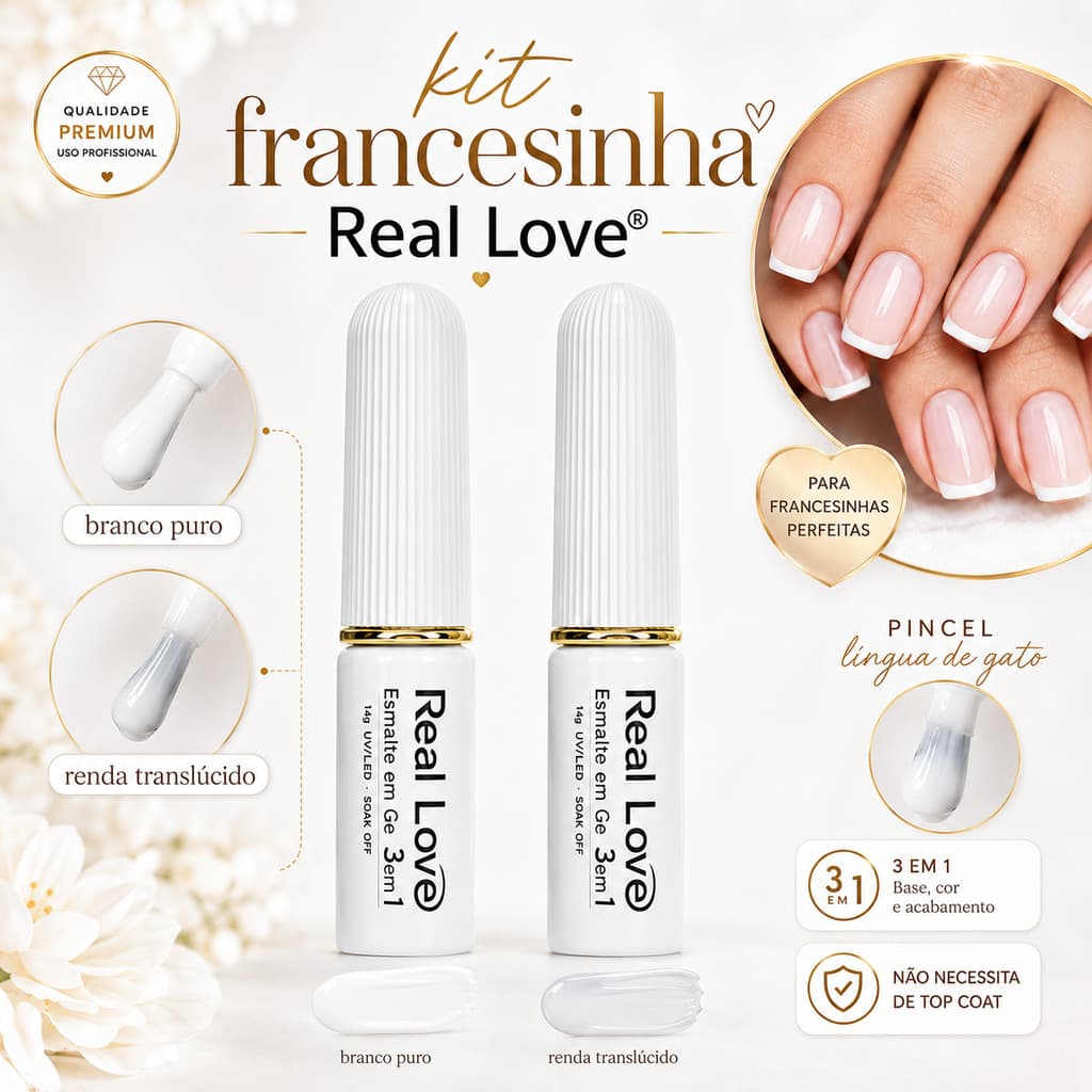 Kit Francesinha Real Love 2 Esmaltes em Gel 3 em 1 Branco Puro + Renda Translúcido UV/LED Sem Top Coat