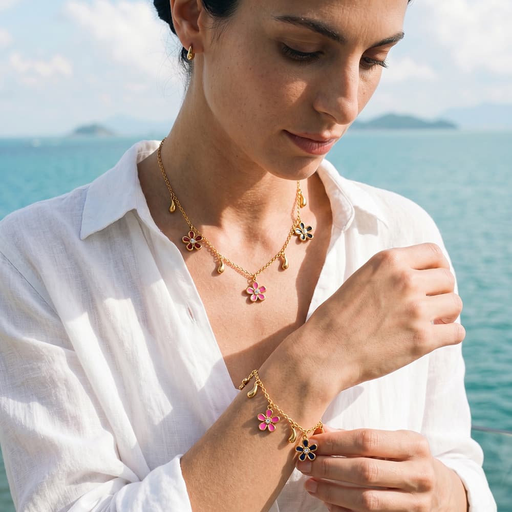 [Estoque pronto] Conjunto de pulseira de colar de aço inoxidável com gotejamento de óleo de flor feminino simples joias