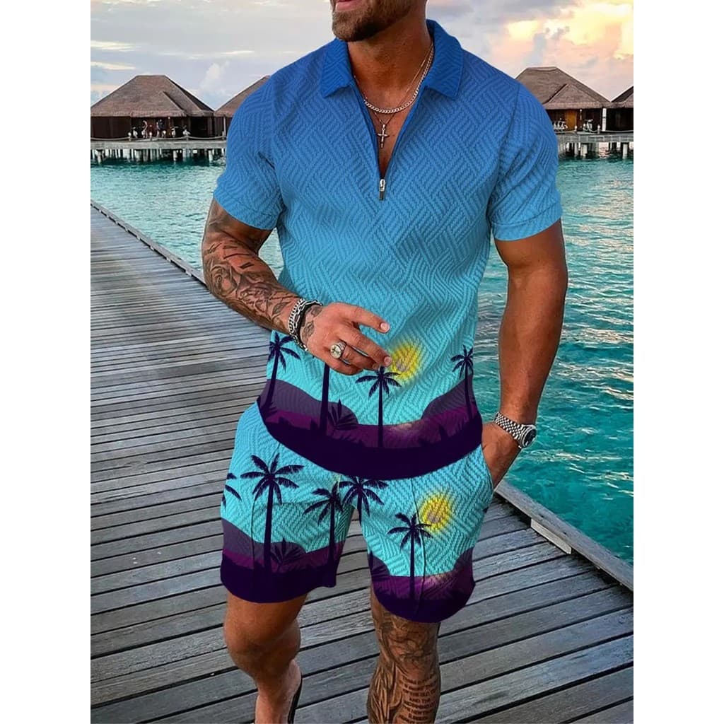 Roupas Masculinas Oversized # Conjunto de Roupas de Verão para Homens com Camisa Polo de Manga Curta e Estampa 3D, Estil