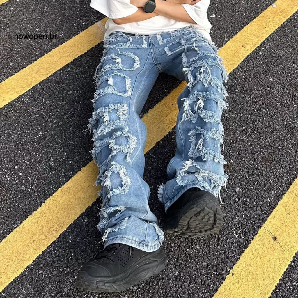 Zipper Button Placket Jeans Straight-leg Pants Men's Straight Leg Distressed Denim with Fly and Tassel Edges – Stylish