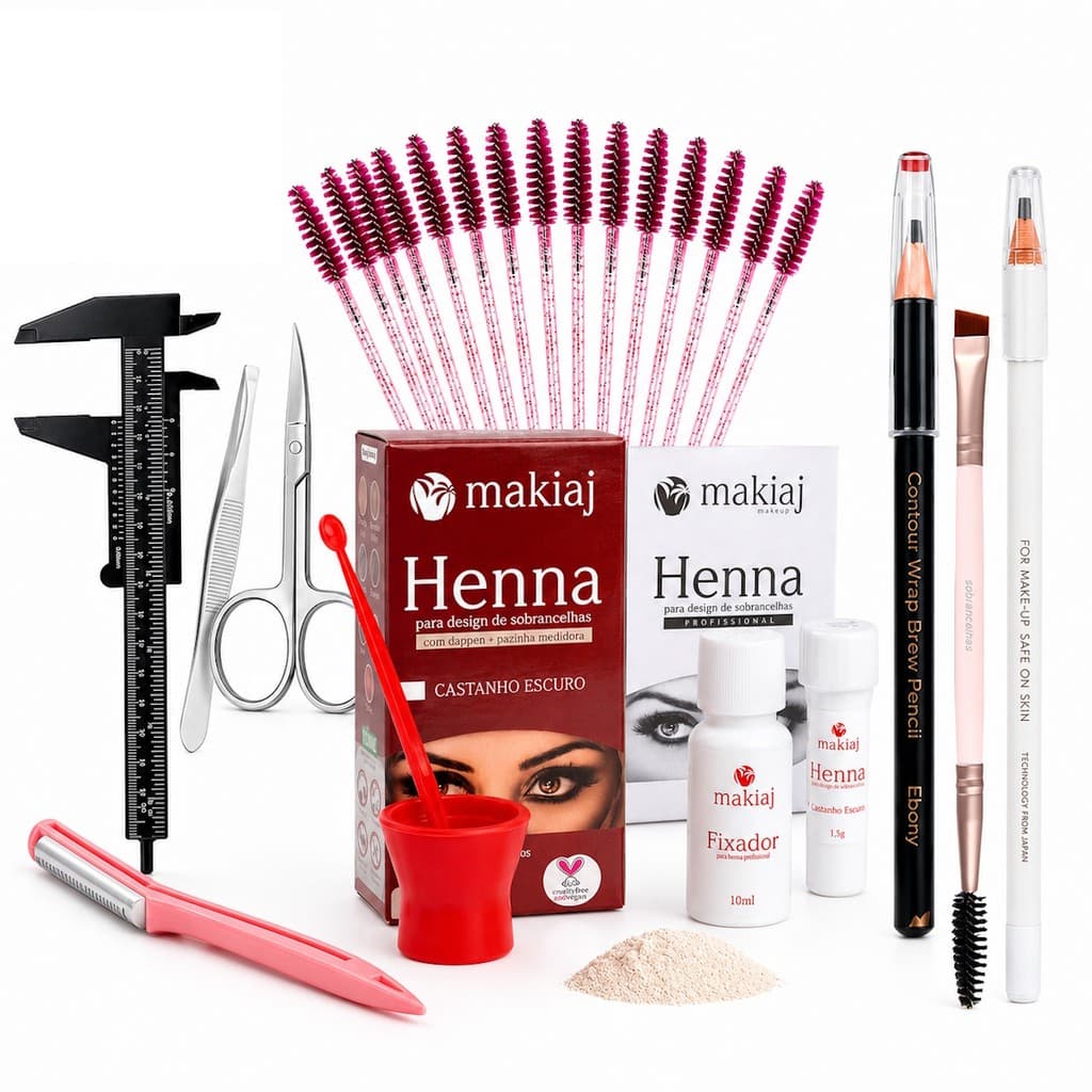 Kit Sobrancelha Henna Makiaj Design Profissional Pinça Tesoura Pincel Completo Iniciante Paquimetro Lapis
