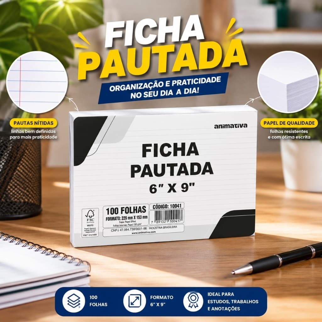 Ficha Escolar Pautada 6x9 Polegadas 100 Folhas Papel Qualidade Escritório Estudantes Anotações