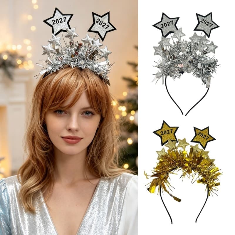 blg Acessório Cabelo Ano 2027 Faixa Cabeça Franja Metal E Detalhes Glitter Para Fotos Festa R