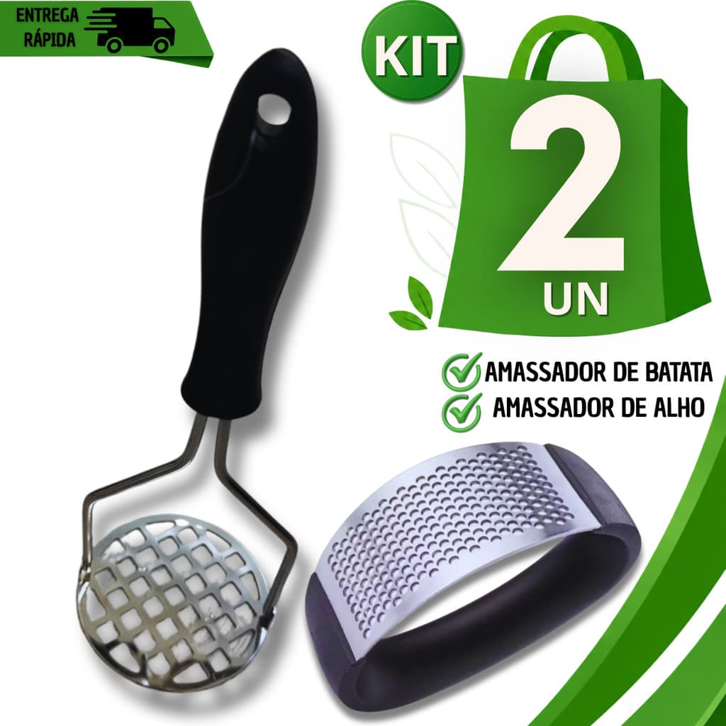 Kit Amassador De Batata E Prensa De Alho Aço Inox Reforçado Para Cozinha Restaurante Lanchonete