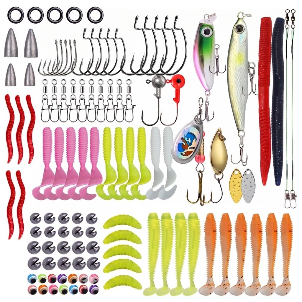 Kit Iscas de Pesca Composto 114 Peças Isca Artificial Soft e Hard, Anzóis, Chumbadas, Acessórios de Pesca