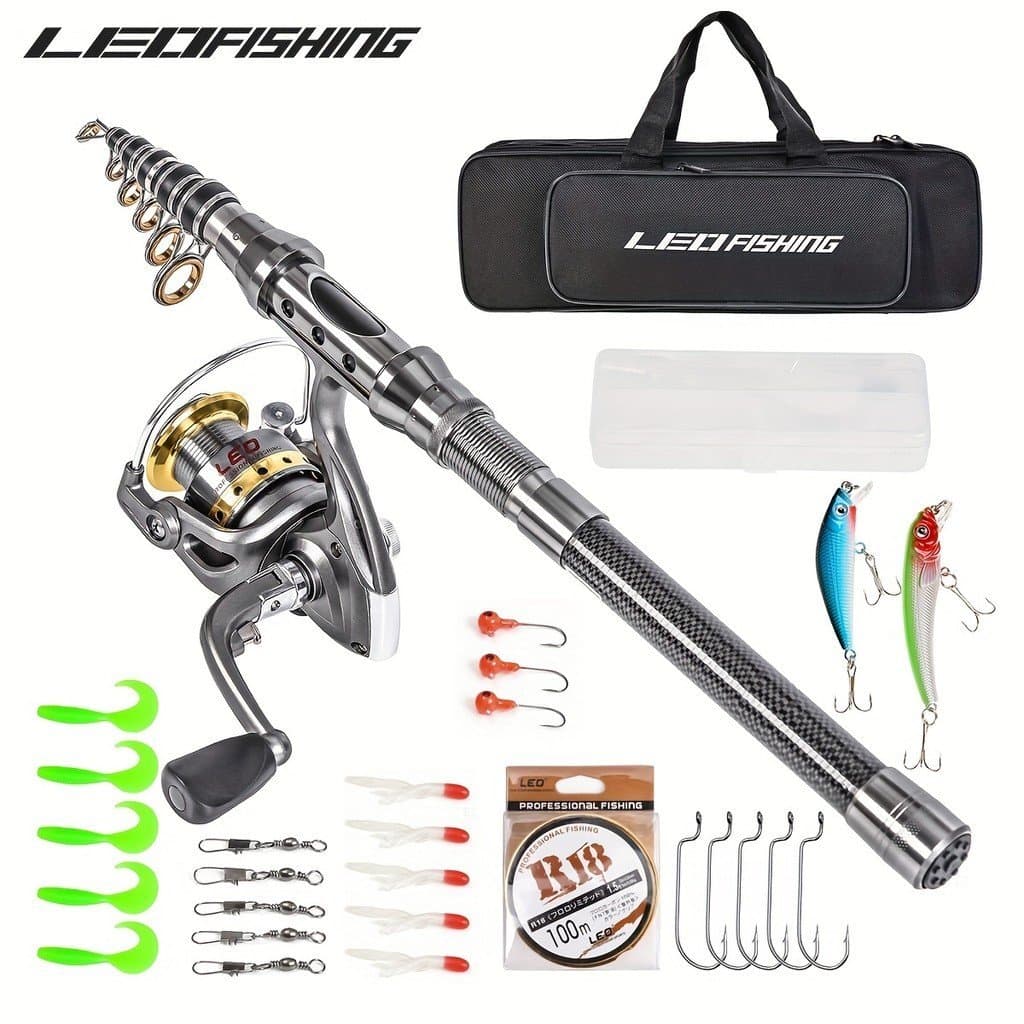 LEOFISHING Conjunto de Vara de Pesca Telescópica e Carretilha: Vara de Pesca em Fibra de Carbono, Kit Completo e Bolsa d