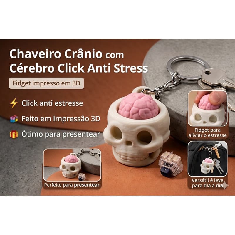 Chaveiro Crânio com Cérebro Click Anti Stress Fidget Impresso em 3D