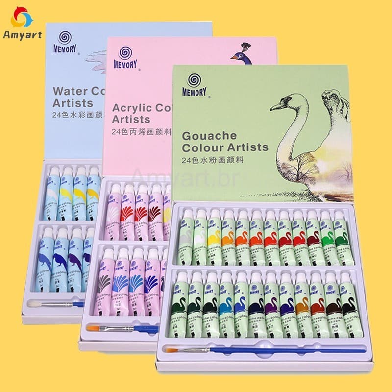 Guache&Tinta Acrílica & Kit Aquarela Com Pincel 12/24 Cores Pigmento 5ml Kit Pintura Infantil Para Estudantes Iniciantes