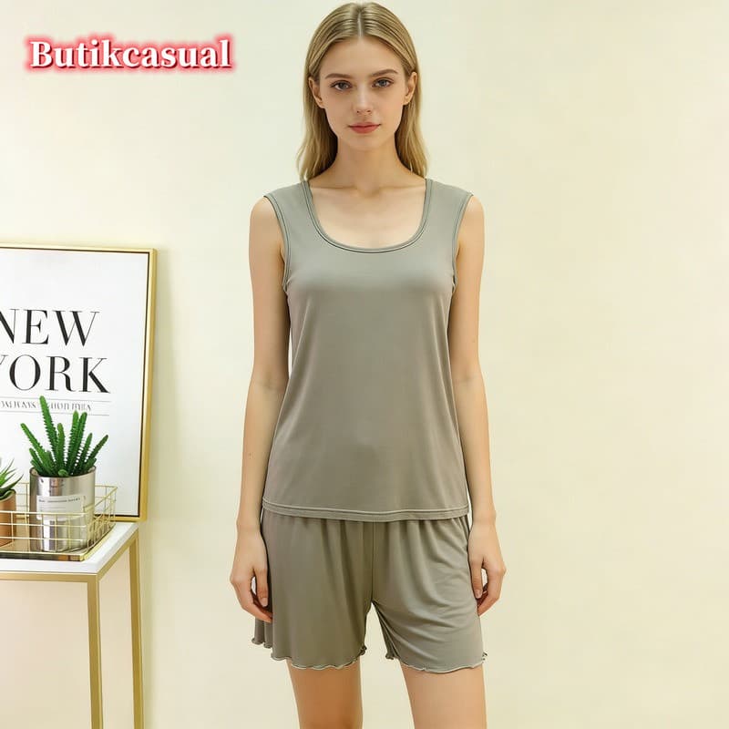 Feminino Modal Conjunto De Duas Peças Ombro Largo Duplo U Pescoço Regata Babados Shorts Plus Size Solto Casual Casa Outf