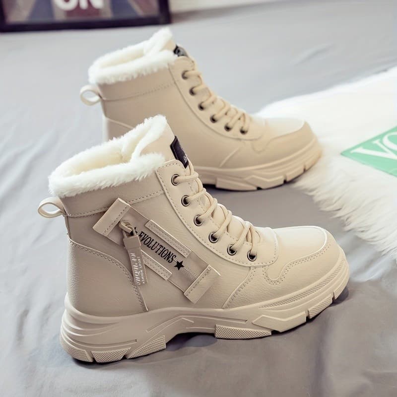 Botas Femininas de Inverno Cano Alto Forradas de Lã - Bege, Sola Grossa, Com Cadarço, Bico Redondo, Salto Médio NOXG KUO