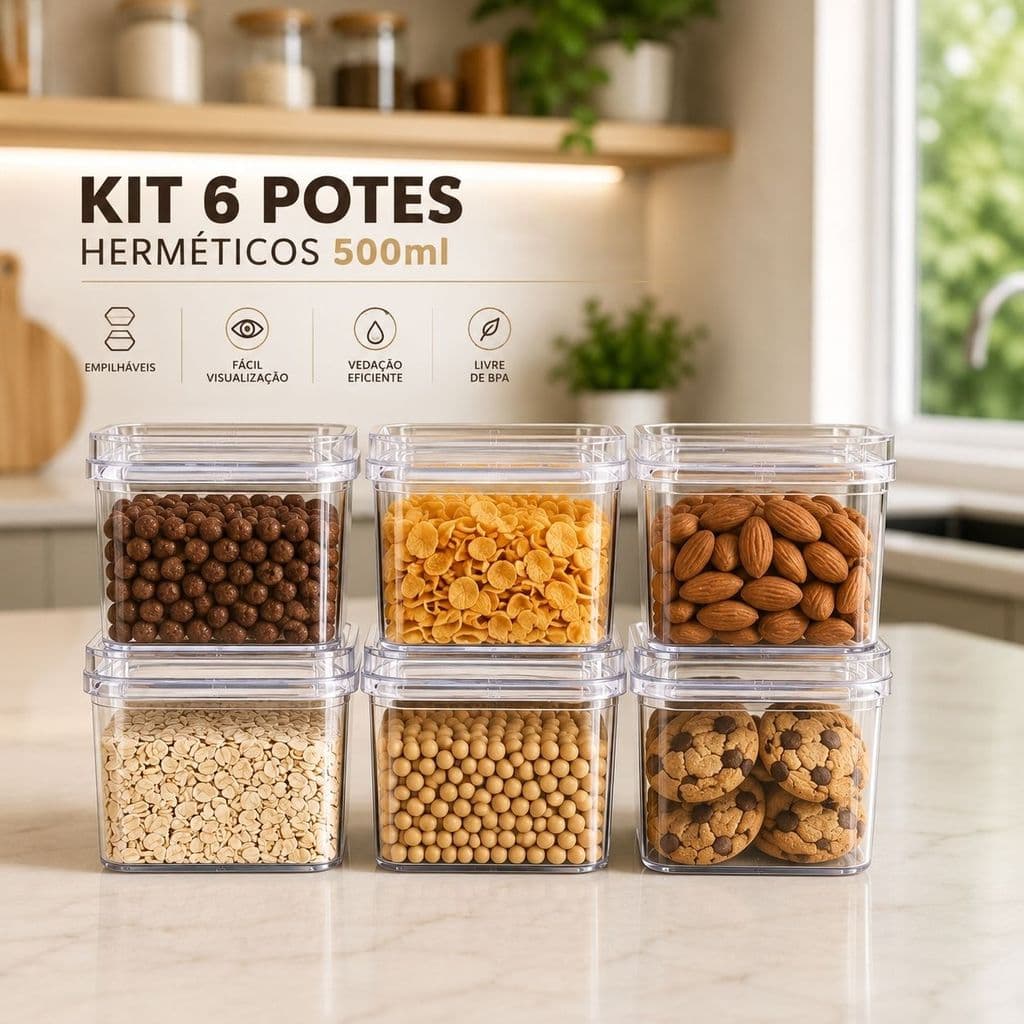 Kit 6 Potes Herméticos 500ml Acrílico Organizador Cozinha Tampa Vedação Transparente
