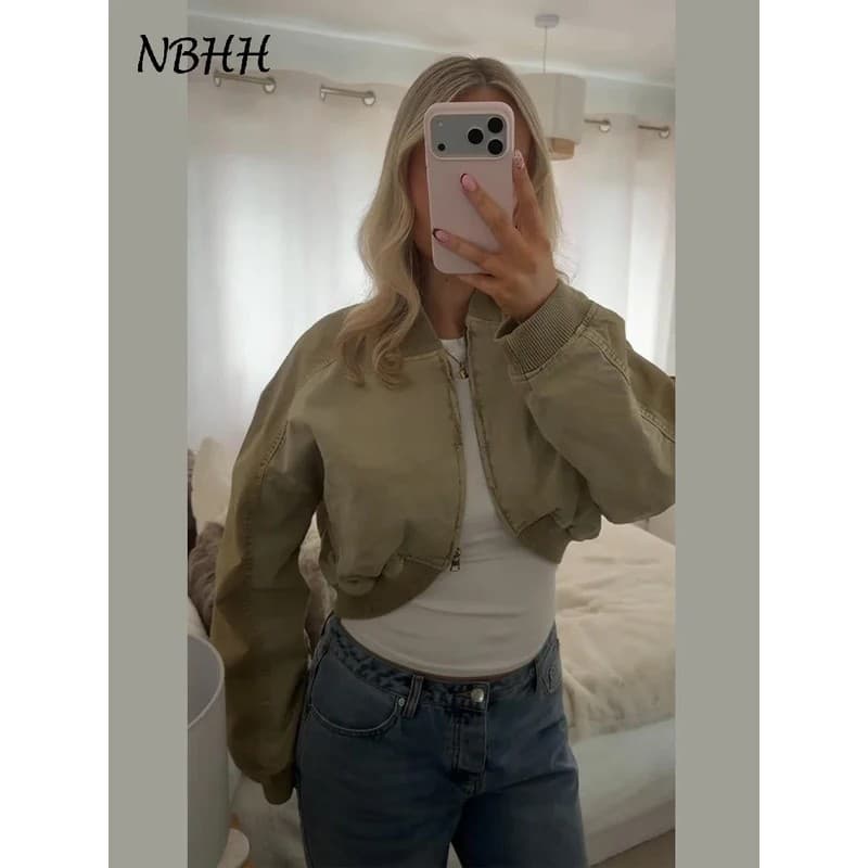 Jaquetas Bomber Femininas Elegantes, Curta, Lavada, com Gola Alta, Zíper, Manga Longa, Casaco Curto, Moda Primavera 2026