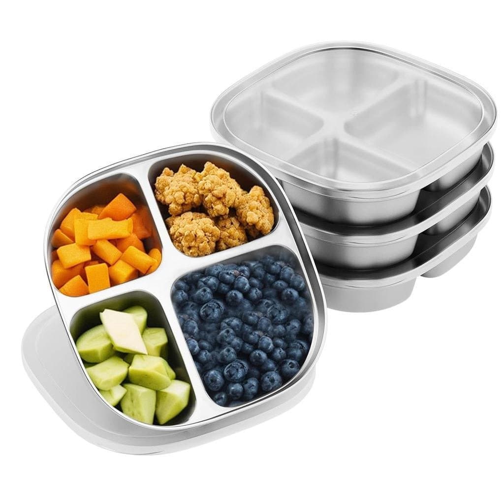 Pratos Infantis de Aço Inoxidável, Conjunto de 4 Pratos para Crianças com Tampas - Recipiente para Lanches de Aço Inoxid