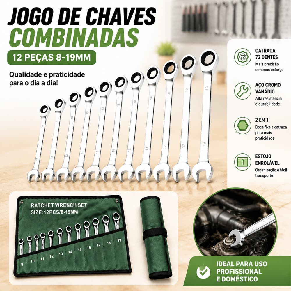 Jogo de Chaves Combinadas com Catraca 2 em 1 – 14 Peças de 8 a 24mm | Aperto Rápido e Profissional