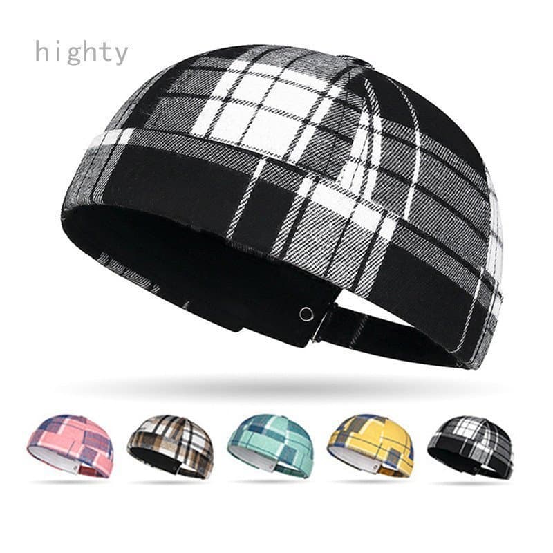 HY1 Chapéu Bowler Curto Xadrez Grande com Cores Contrastantes, Sem Aba, Estilo Fashion, Boné Masculino, Gorro, Chapéu Do