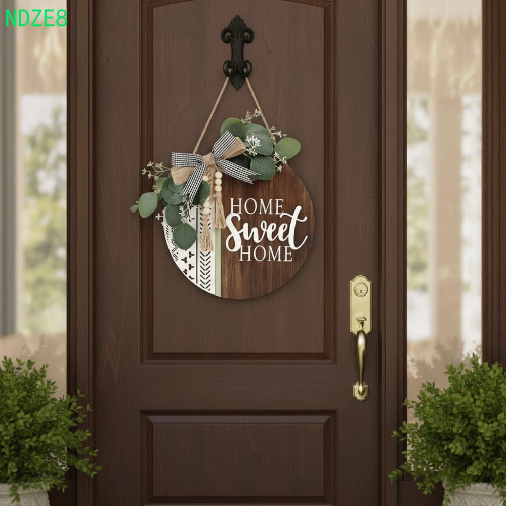 NDZE8 Sinal De Boas-Vindas , Guirlanda De Porta Com Nó De Laço De Flor , Formato Redondo Plano 2D , Decoração Suspensa ,