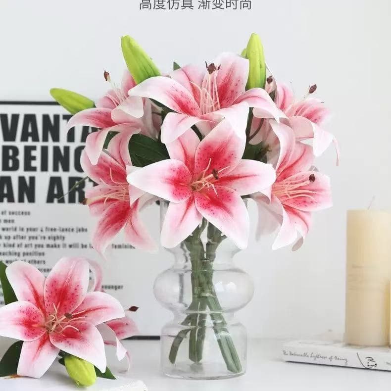 Lírio decorativo em miniatura 3D, flor artificial com 3 flores --11102