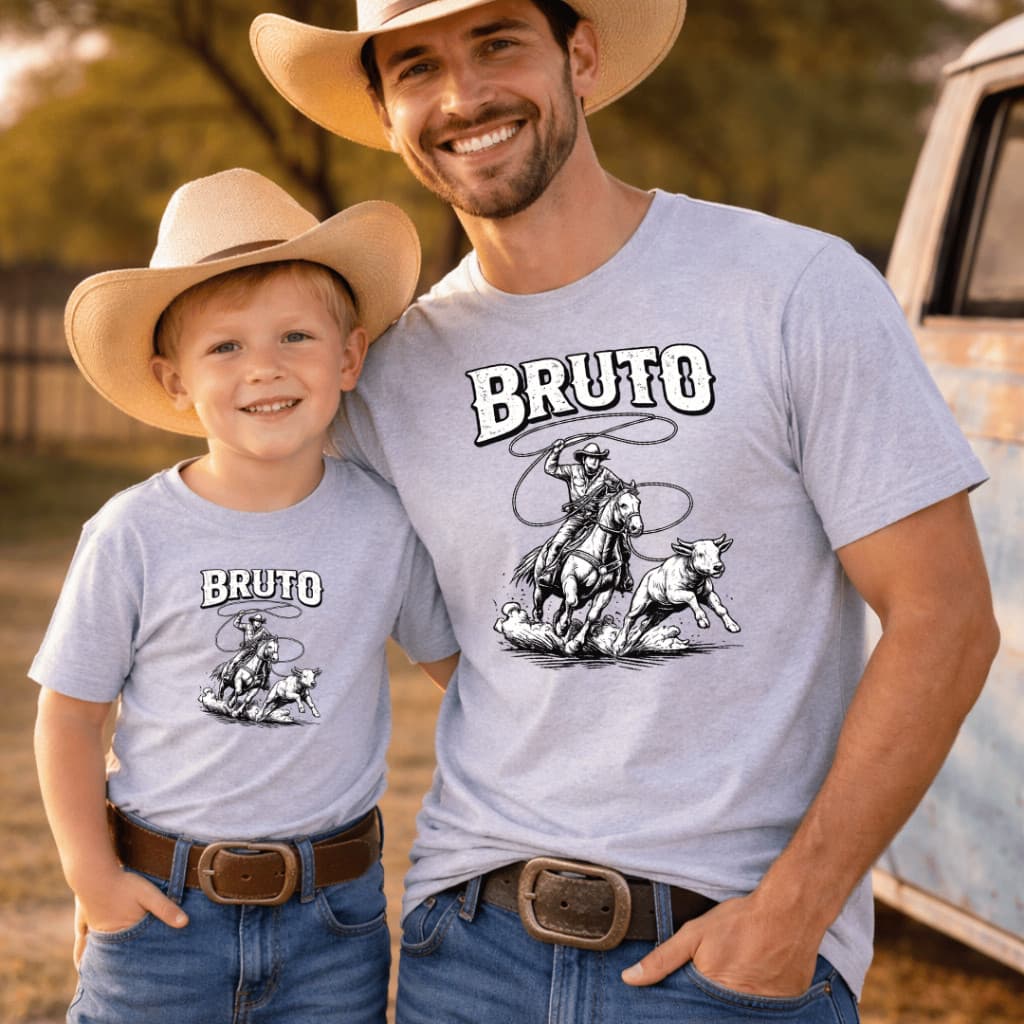 KIT Camisetas Pai e Filho Estampado 100% Algodão Estampa Bruto Rodeio em DTF Confortável