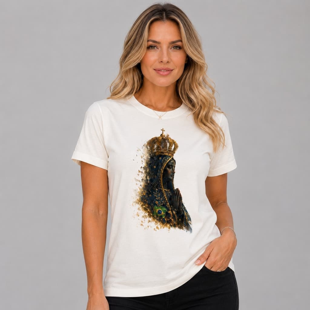 Camiseta Feminina Estampada NOSSA SENHORA DE APARECIDA Lateral 100% Algodão Premium Conforto e Estilo no Seu Dia a Dia