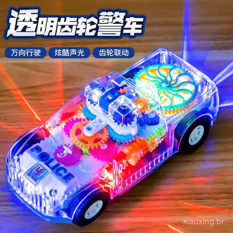 Carro de Polícia com Engrenagens Transparentes - Carro de Brinquedo Elétrico Universal com Luzes, Resistente a Choques e