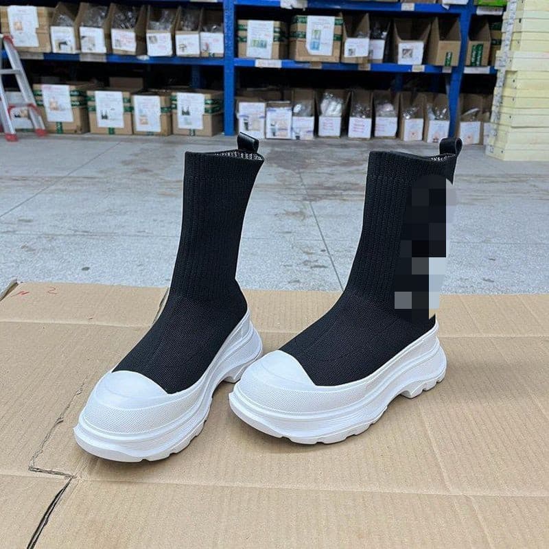Botas femininas palmilha de couro genuíno dedo do pé redondo sola grossa manga de malha meias botas curtas finas