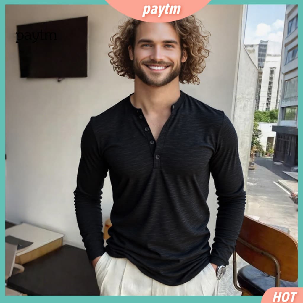 Warm Men T-shirt Breathable Tops Men's Lightweight Long Sleeve Half Placket Button Pullover Solid Color Loose Fit Tee fo