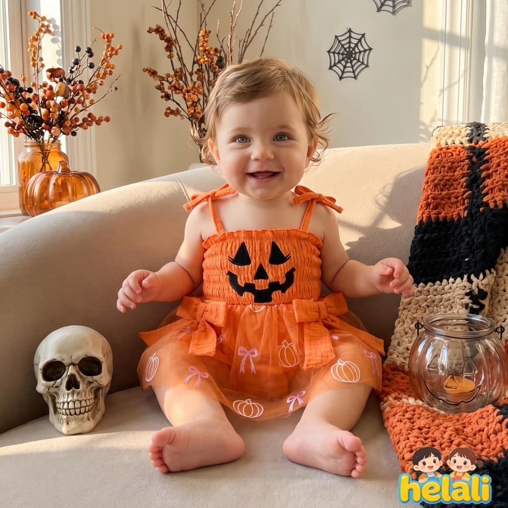 [helali] Macacão De Halloween Sem Mangas Com Amarração E Bainha De Tule De Abóbora