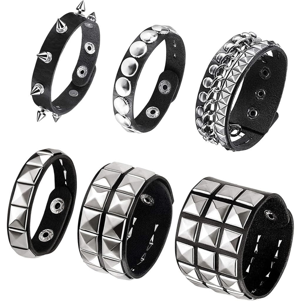 Pulseira Cravejada De 6 Peças , Pulseiras Emo Com Pontas Y2k Couro Preto Rebite Punk Rock Manguito Gótico Acessórios Hal